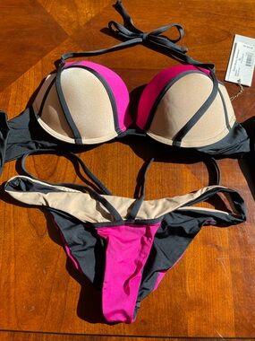 NWT beach bunny bikini geometric colorblock chic XL top,L bottoms